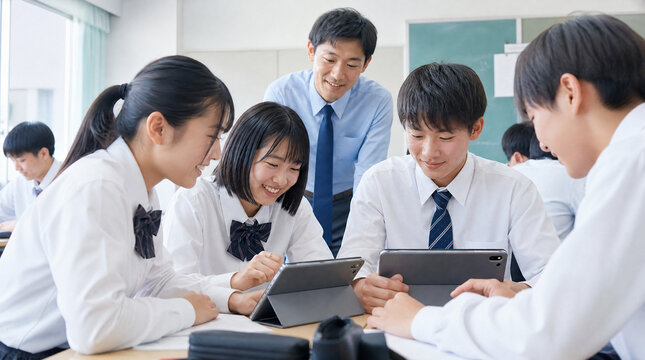 タブレット端末で学習する日本人の生徒たちのイメージ