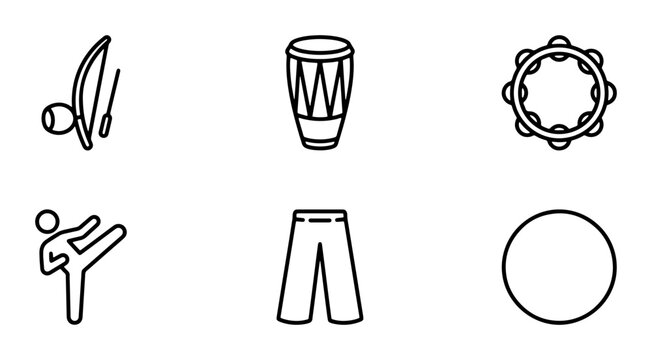 Capoeira Icons Set, Brazilian Martial Art Symbols, Music Instruments, Acrobatics, Vector Graphics