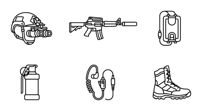 Military Gear Icons: Tactical Helmet, Rifle, Grenade, Boots, Communication Set