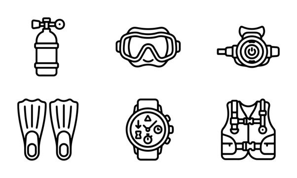 Scuba Diving Gear Icons Set, Underwater Equipment Vector Collection, Ocean Exploration Symbols
