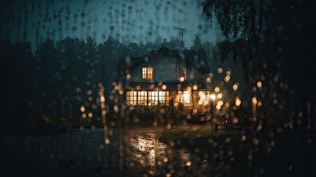 Cozy illuminated house with warm lights shining through windows surrounded by rain and lush trees at night in a peaceful rural setting