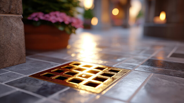 Brass floor drain grate on a tiled patio floor for home plumbing background and decorative drainage detail showcasing metal texture and outdoor walkway design