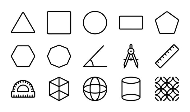 Geometric Shapes and Math Tools Vector Icons Set, Basic Forms, Geometry Learning Symbols