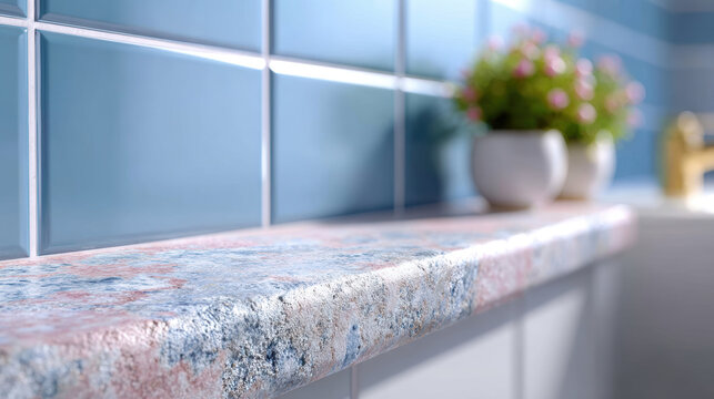 Close up bathroom countertop with visible mildew stains and water damage for cleaning inspection and restoration reference