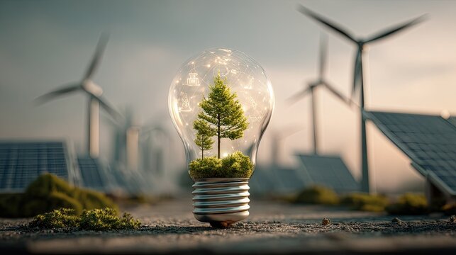 Innovative Eco-Friendly Energy Concept with Light Bulb, Tree, Wind Turbines, Solar Panels in Sustainable Environment