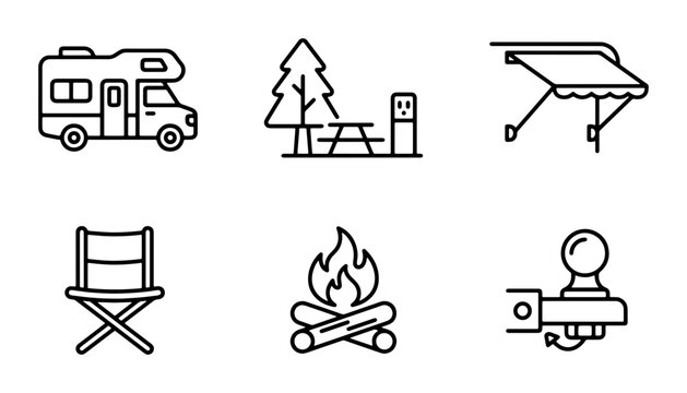 Camping Icons Set, RV Camper Van, Campfire, Picnic Table, Trailer Hitch, Outdoor Recreation Vector Graphics