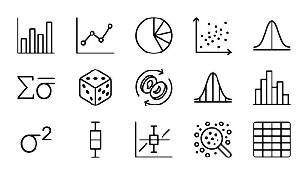 Data Analysis Icons Set: Statistics, Charts, Graphs, Probability, Research Vector Graphics
