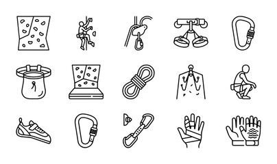 Climbing Gear Icons Set, Rock Climbing Equipment Vector Collection, Outdoor Adventure Sports Icons © MD