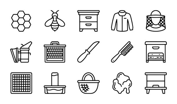Beekeeping Icons Set, Apiary Equipment Vector Graphics, Honeycomb & Bee Tools Collection