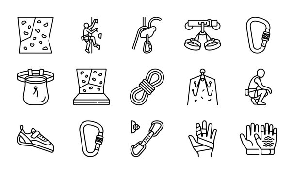 Climbing Gear Icons Set, Rock Climbing Equipment Vector Collection, Outdoor Adventure Sports Icons