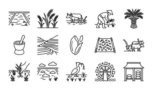 Rural Farming Icons Set, Agriculture Line Art Collection, Cultivation & Harvest Graphics
