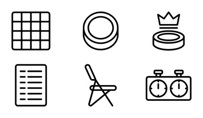 Chess Game Icons Set, Strategy Board Pieces, Timer, Score Sheet, Folding Chair, Vector Graphics © MD
