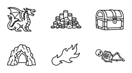 Fantasy Icons: Dragon, Treasure Chest, Skeleton, Cave, Fireball, Coins - Vector Set © MD