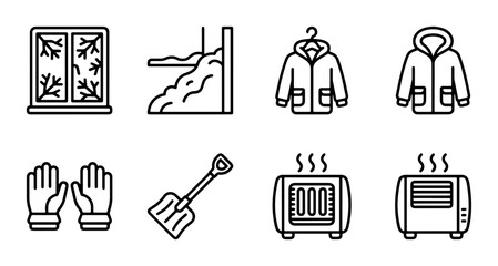 Winter Icons Set: Snow, Cold Weather Gear, Heating Appliances, Vector Graphics © MD