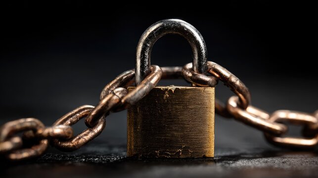 Close-up of a metal padlock securing a chain on a dark surface symbolizing safety security protection or restriction