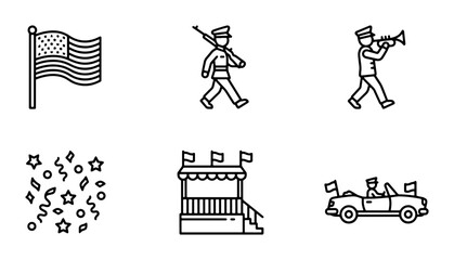 Naklejka premium Patriotic Parade Icons, American Flag, Marching Band, Convertible Car