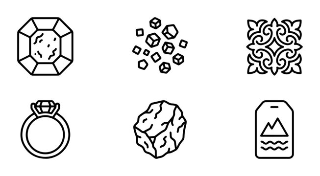 Gemstone Icons, Jewelry Ring, Mineral Rocks, Ornate Pattern, Tag Design, Vector Graphics Set