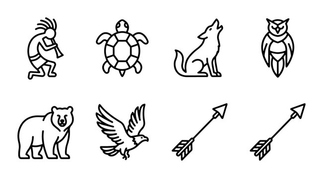 Native American Icons Set: Kokopelli, Turtle, Wolf, Owl, Bear, Eagle, Arrows