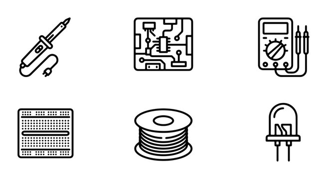 Electronics Icons Set, Circuit Board, Soldering Iron, Multimeter, LED