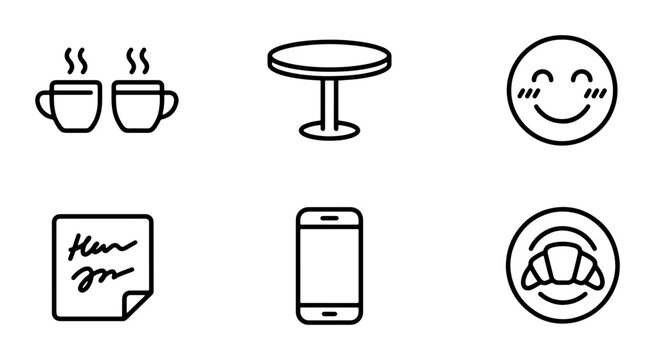Modern Icon Set: Coffee Cups, Table, Smiley Face, Note, Phone, Croissant