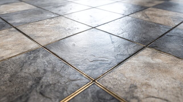 Close-up of textured stone tiles with metal grout lines on a tiled floor surface, showcasing natural stone pattern and craftsmanship