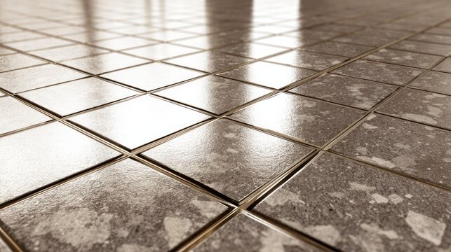 Close-up view of a tiled floor with reflective surface and grout lines, showing geometric pattern with light and shadows