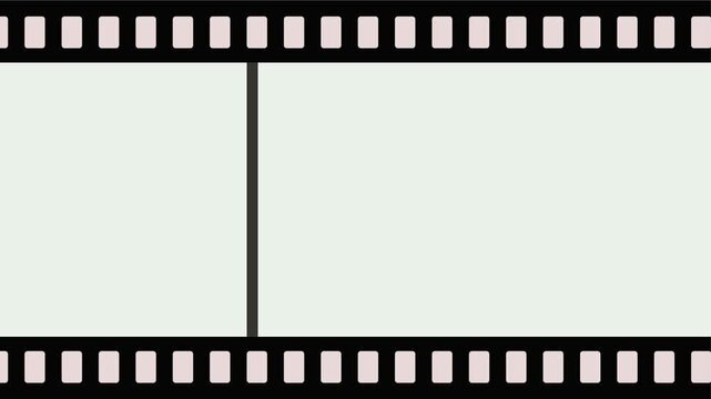 Vintage 35mm film strip scrolling vertically with black sprocket borders and clear frames for cinematic video overlays