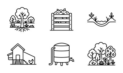 Organic Farming Icons: Compost, Garden, Water Tank, Chicken Coop, Trees © Siam