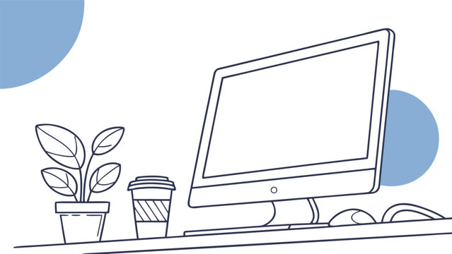 Minimalist outline illustration of a modern office workspace with computer and potted plant workspace computer