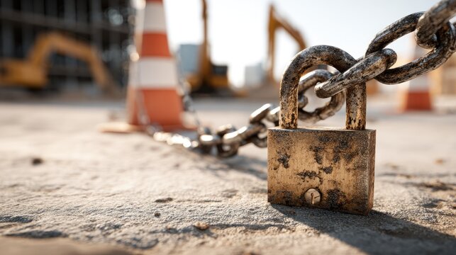 Close-up of Rusty Chain and Padlock Securing Construction Site with Traffic Barrels and Heavy Equipment in Background