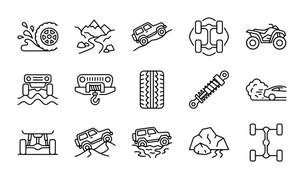 Off-Road Vehicle Icons, 4x4 Adventure Graphics, Extreme Terrain Vector Set
