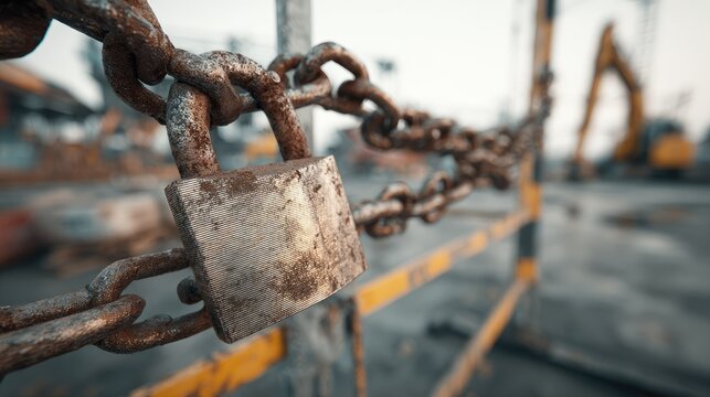 Close-up of a rusted padlock securing heavy metal chains at construction site with blurred background equipment and barriers