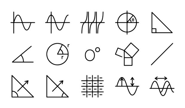 Math Icons Set, Geometry Symbols, Trigonometry Graphics