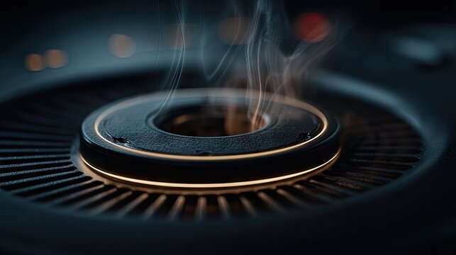 Close-up of a burning incense coil emitting smoke, placed on a decorative surface with a dark background for relaxation or meditation themes