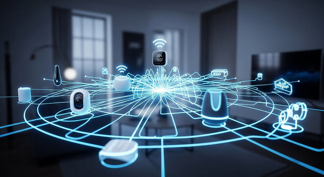Smart home devices connected to the internet with glowing blue lines and icons in a modern living room with a dark background