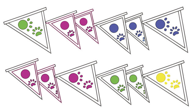 Decorative pennant bunting flags with paw print patterns for pet theme party decorations and celebrations, pennants