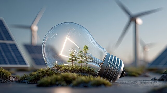 Renewable Energy Concept with Wind Turbines Solar Panels and Light Bulb on Green Ground Under Clear Sky
