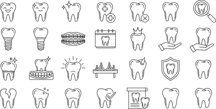 Dental care and tooth health line icons set vector illustrating dentistry treatments, oral hygiene, implants, braces, protection, and healthy smile concepts