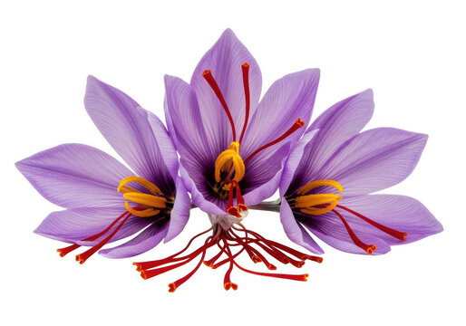 Three purple crocus saffron flowers with red stigma isolated on transparent background