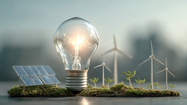 Eco energy concept with solar panels wind turbines greenery and lightbulb symbol on a mini landscape model