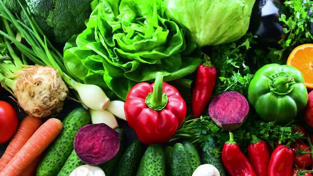 Fresh raw vegetables and fruits. Ingredients of vegan diet.