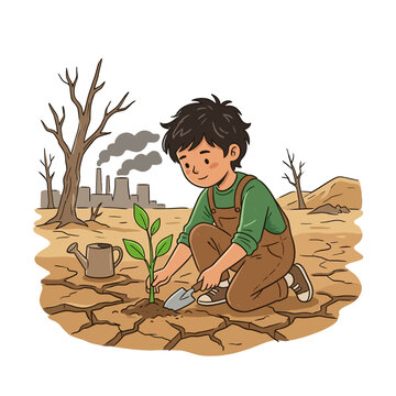 Boy planting tree in arid land: environmental concept