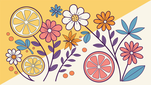 Retro floral and citrus vector illustration pattern with stylized flowers and fruit slices botanical illustration