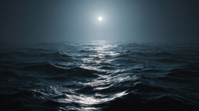 Serene ocean scene under a full moon with shimmering water and peaceful midnight atmosphere over endless waves