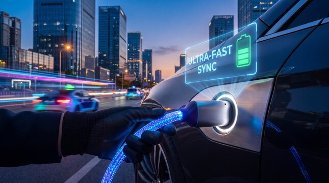 A gloved hand inserts a glowing blue charging cable into an electric vehicle to initiate an ultra fast power sync