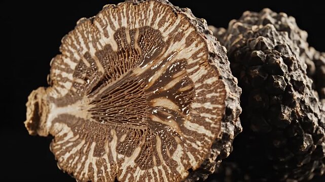 Close up of a cut tree nut showing internal texture and details