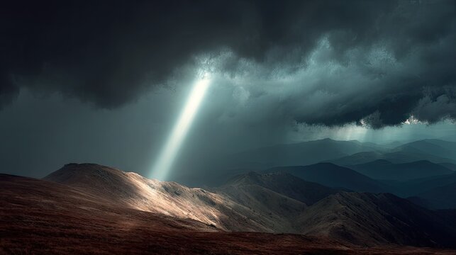 Dramatic landscape with storm clouds and a focused sunlight beam illuminating mountain terrain, showcasing nature's power and contrast