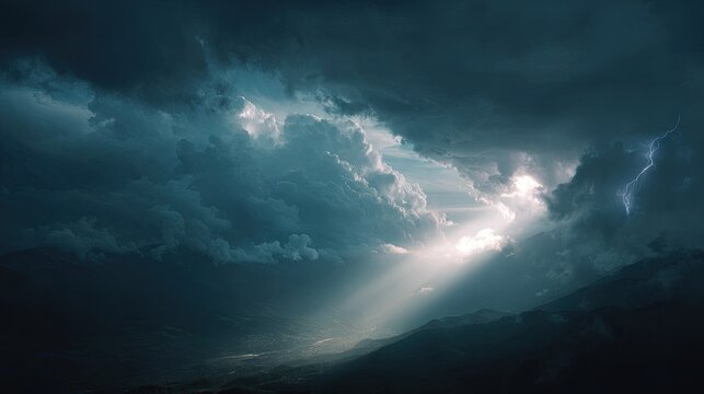 Dramatic storm clouds with lightning over mountain landscape during a thunderstorm and heavy rain