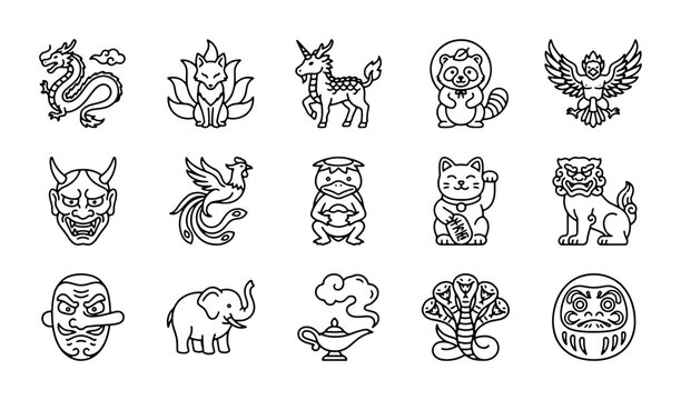 Japanese Folklore Icons: Mythical Creatures, Spirits, and Symbols Vector Set