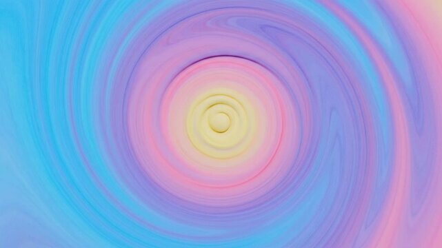 Abstract circular spiral pattern featuring soft pastel colors of pink, blue, lavender, and yellow blending together in a smooth curved vortex motion with a fluid marble texture.